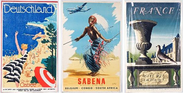 Group lithograph travel posters: Group lithograph travel posters, Incl. Picaut, Le Doux France, 39.25" x 24.5", Sabena, Belgian Congo, South Africa, 39" x 25.5" and Fries, Deutschland on der Ostsee, 39.75" x 25"