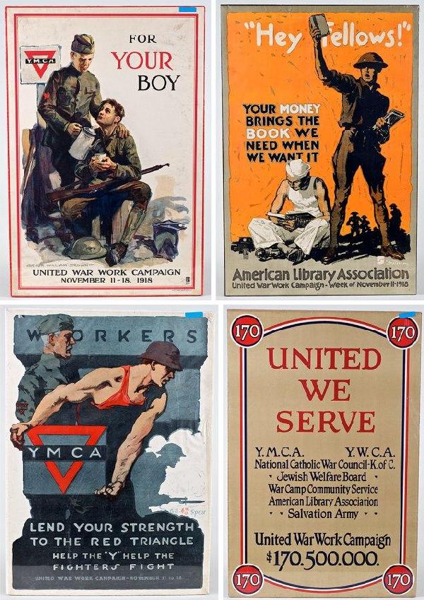 4 original American WWI posters: 4 original American WWI posters, YMCA Workers Learn Your Strength, 27.25" x 20", United We Serve, 30.25" x 20.5", YMCA For Your Boy, 30" x 20" and Hey Fellows, 30" x 20"