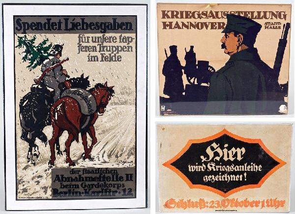 3 German lithograph posters: 3 German lithograph posters, Spendet Liebesgaben, 27.75" x 18.5", Kriegsaustellung Hannover, 19" x 22" and 1 other, 15" x 22.75"