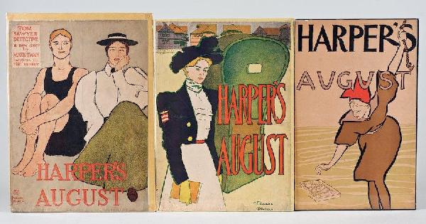 3 original posters by Edward Penfield: 3 original posters by Edward Penfield, Harper's August, 18.5" x 12", Harper's August, 18.5" x 13" and Harper's August, 18.75" x 13.5"