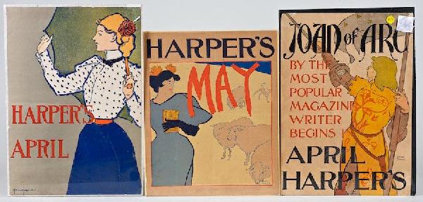 3 original posters by Edward Penfield: 3 original posters by Edward Penfield, Harper's April, Joan of Arc, 17.75" x 12-5/8", Harper's April, 18.25" x 12-7/8" and Harper's May, 16" x 13"