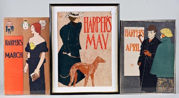 3 original posters by Edward Penfield: 3 original posters by Edward Penfield, Harper's March, 18.5" x 10-7/8", Harper's April, 17.5" x 13.25", Harper's May, 18.5" x 13" (sight)
