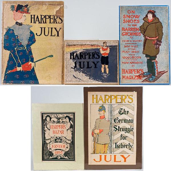 5 original posters by Edward Penfield: 5 original posters by Edward Penfield, Harper's July, 10" x 12.5", Harper's Bazar, Easter, 1895, 14.75" x 10", Harper's July, "German Struggle", 21.75" x 14-3/8", Harper's July, "On Snow Shoe to the B