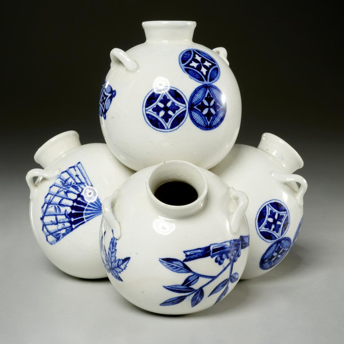 Royal Worcester "Variety" porcelain violet vase: Royal Worcester "Variety" porcelain violet vase, c. 1876, blue underglaze Japonisme decoration, factory stamp to underside, 6"h x 7"w