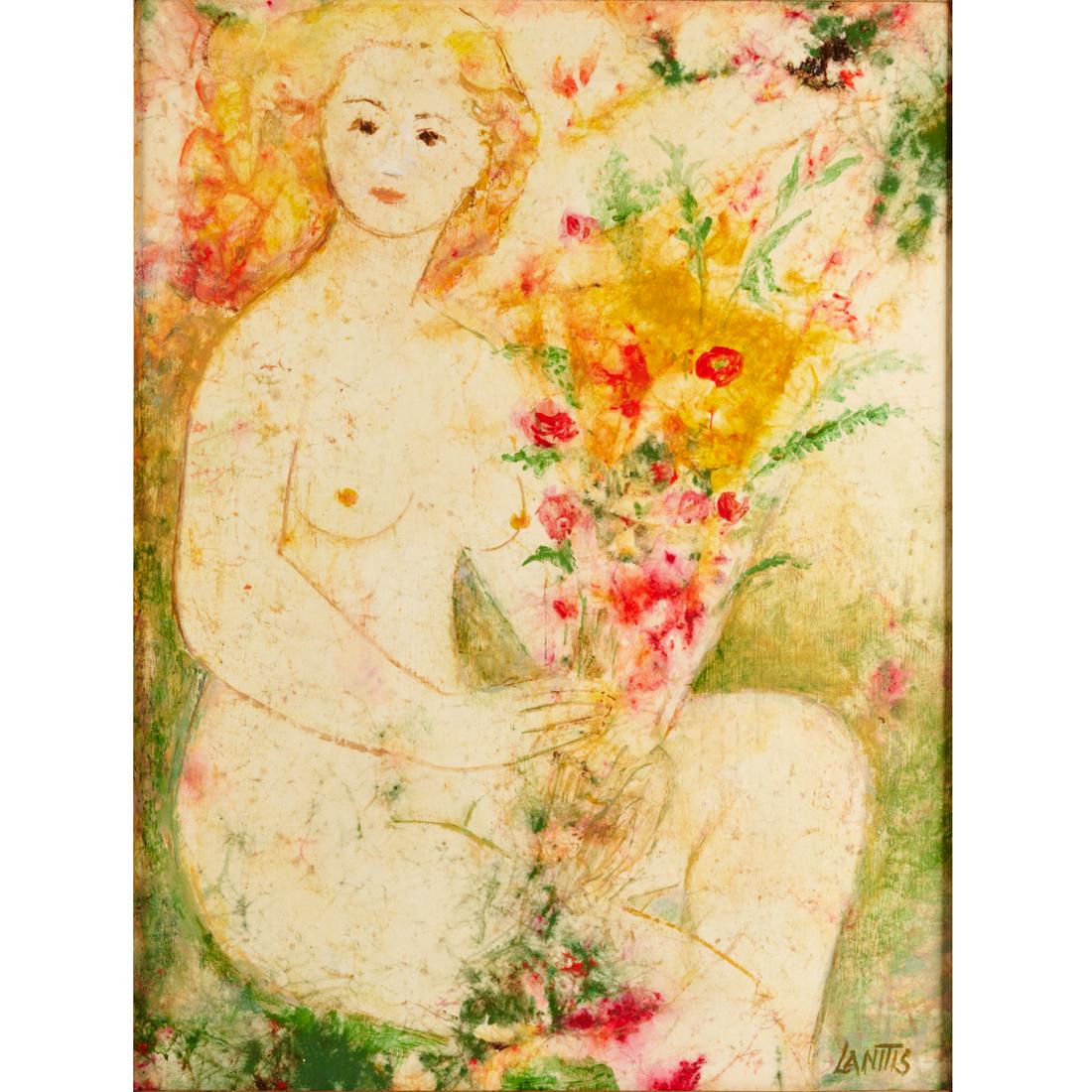 Trudy Lanitis, acrylic on Masonite: Trudy Lanitis, acrylic on Masonite, Trudy Lanitis (American, 1922-2001), Girl with Flowers, c. 1979, signed lower right, signed note from artist to buyer about care of the painting included, 23.75"h x
