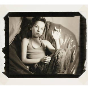 Andrea Modica, photograph, 1988: Andrea Modica, photograph, 1988, Andrea Modica (American, b. 1960), "Oneonta, NY", portrait of a young girl, platinum/palladium print on vellum paper, pencil signed and dated in left margin, framed un