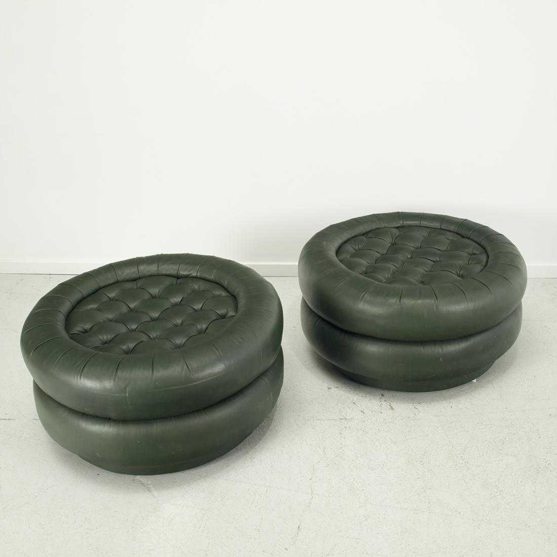 Pair decorator button-tufted leather ottomans (1 of 6)