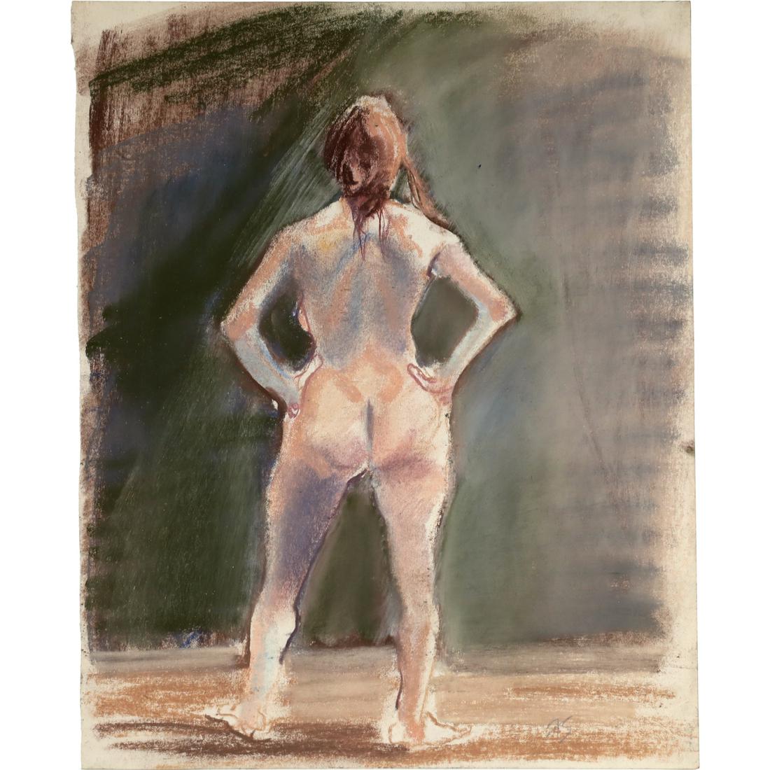 Frank Stout, pastel, ex Wolf Kahn Coll.: Frank Stout, pastel, ex Wolf Kahn Coll., Frank Stout (American, 1926-2012), Untitled nude woman, initialed "FS" lower right, loose and unframed, 13.5"h x 10.75"w Provenance: The Private Collection of