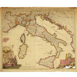 Nicolas Sansom, map of Italy, 1701: Nicolas Sansom, map of Italy, 1701, "L'Italie Divisee Suivant l'Estendue de Toutes ses Sourverainetesâ€¦", Pieter Schenk, Amsterdam, 1701, hand-colored copper plate engraving on laid paper, 20.25"