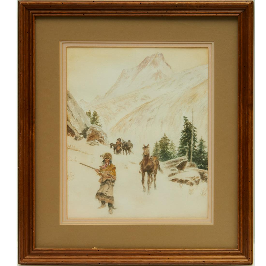 Olaf Wieghast (circle), graphite and watercolor: Olaf Wieghast (circle), graphite and watercolor, Circle of Olaf Wieghast (Danish-American, 1899-1988), Native Americans, Winter, no signature, pencil sketch of horse on verso, 16.5"h x 13.5"w (sight),