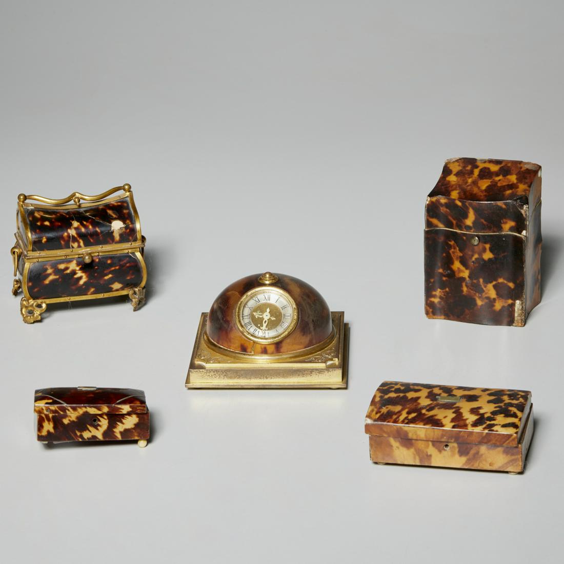Group Regency style table accessories: Group Regency style table accessories, 19th/20th c., (5) pieces: four miniature boxes including two short, one casket style and one letter box style, and a brass clock marked "Just" on the dial, 3.75"