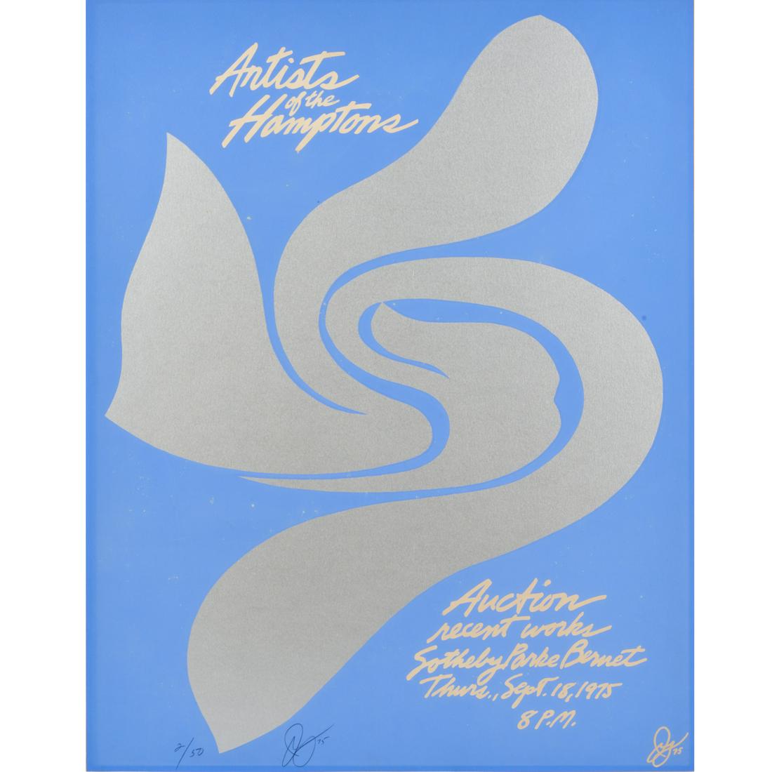 Jack Youngerman, signed, numbered silkscreen, 1975: Jack Youngerman, signed, numbered silkscreen, 1975, Jack Youngerman (American, 1926--2020), "Artists of the Hamptons" exhibition poster for Sotheby Parke Bernet sale Sept. 18, 1975, pencil signed and