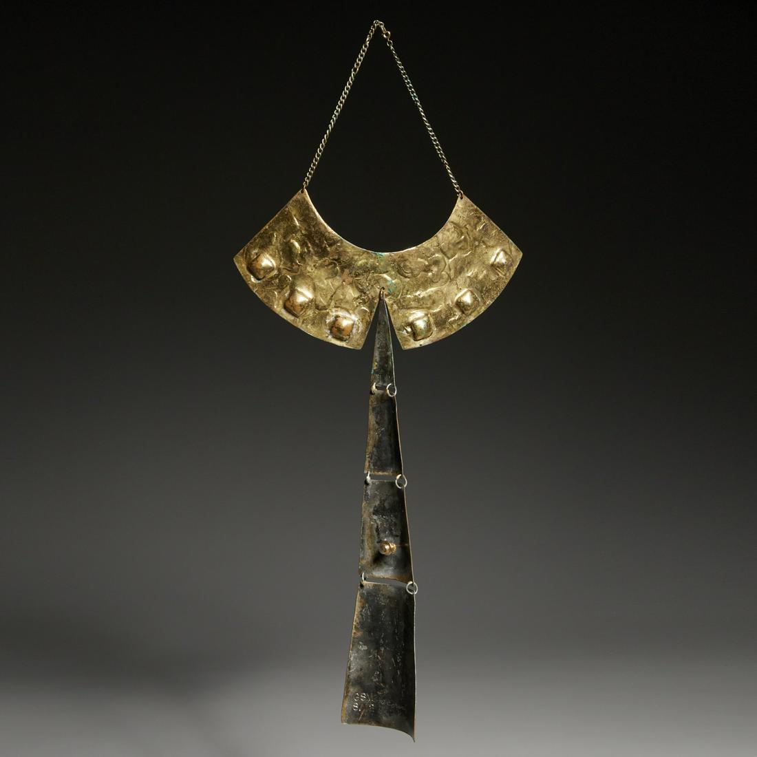 G.S. Moscowitz, Modernist gilt bronze necklace: G.S. Moscowitz, Modernist gilt bronze necklace, c. 1960s, shaped and assembled bronze sheet metal, the shaped neck cuff with four-section link drop, each section etch signed and stamped with various l