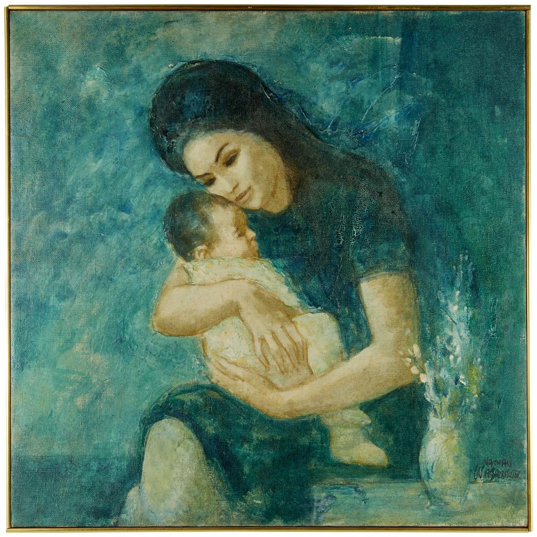 Nathan Wasserberger, large oil on canvas: Nathan Wasserberger, large oil on canvas, Nathan Wasserberger (Jewish-American, 1928-2012), Portrait of a Mother and Child, signed lower right, in slat frame, 36.75"squ (frame)