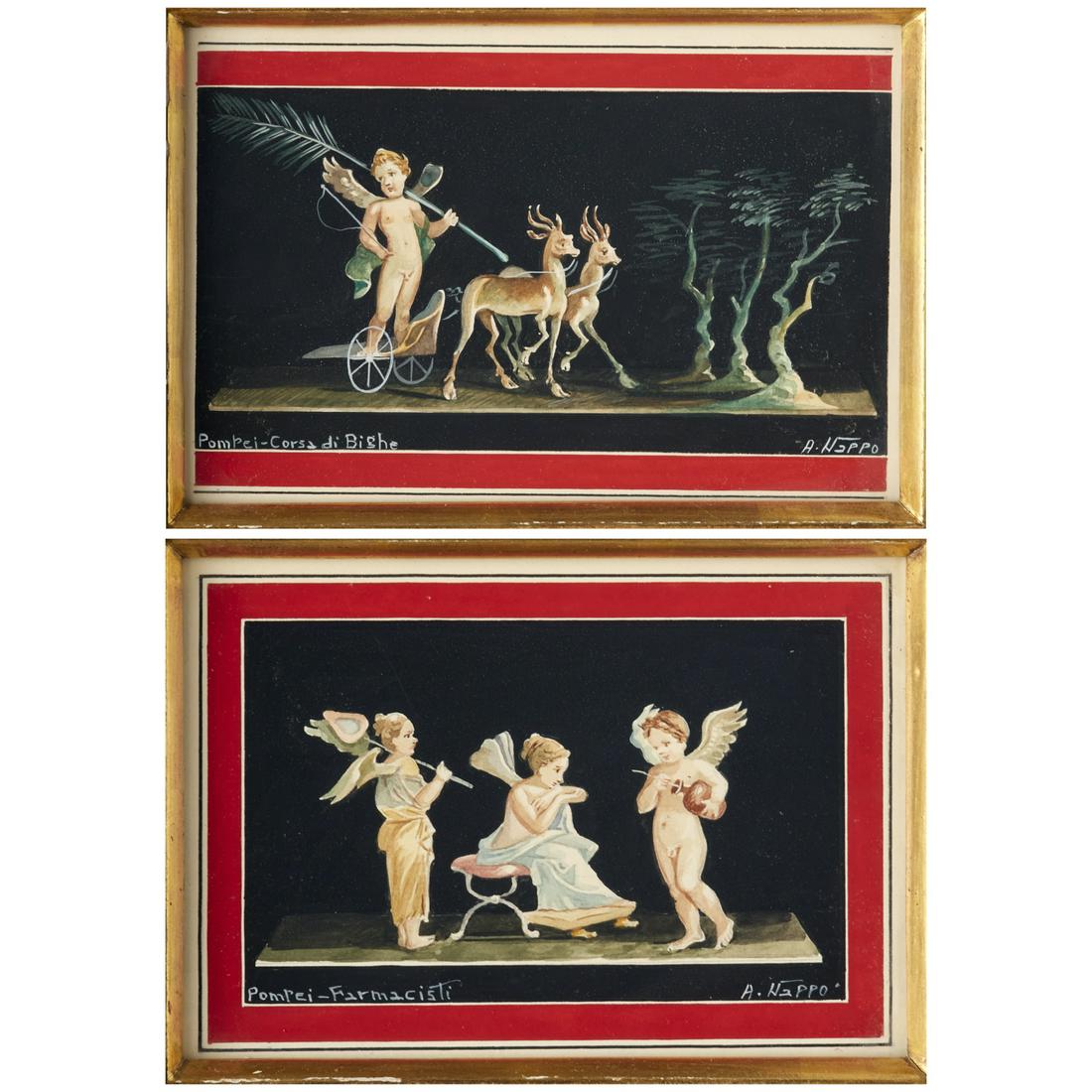 Antonio Nappo, pair Pompeian gouaches: Antonio Nappo, pair Pompeian gouaches, Antonio Nappo (Italian, 20th c.), "Pompei-Corsa di Bighe" and "Pompei-Farmacisti", gouache on paper, each signed lower right, matted and framed, approx. 9.25"h x