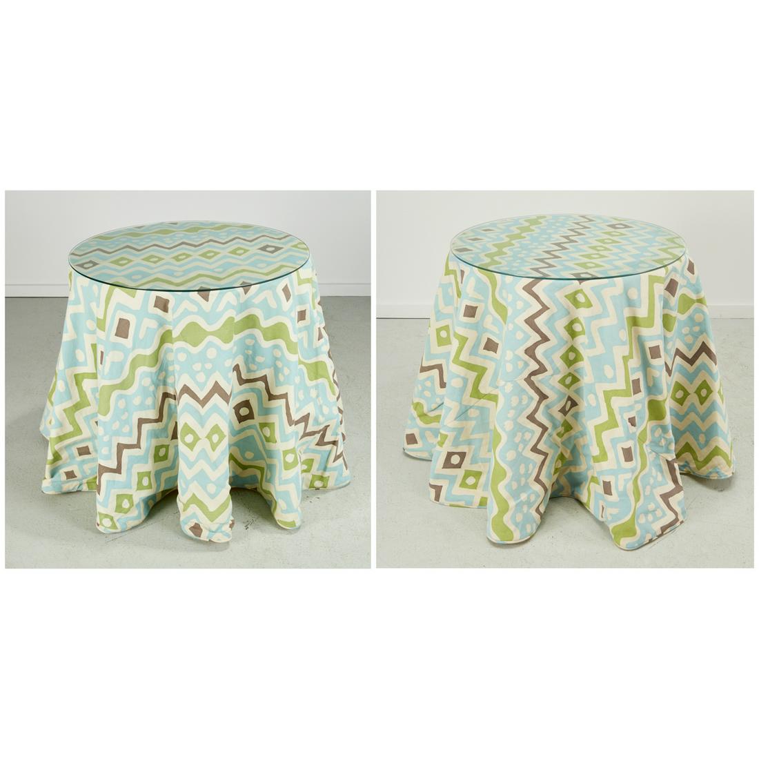 Pair custom skirted glass top side tables (1 of 8)