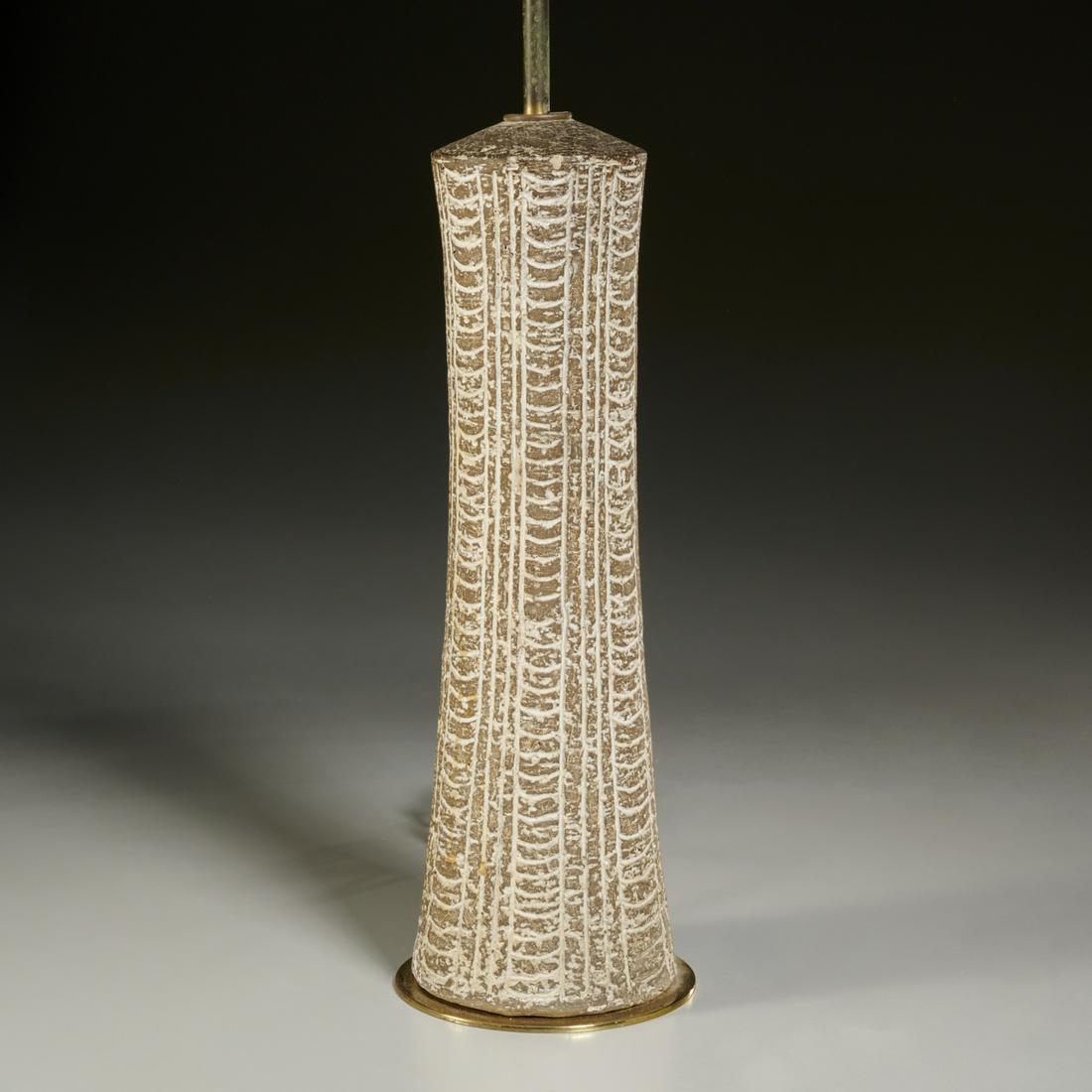 Mid-Century Modern ceramic table lamp: Mid-Century Modern ceramic table lamp, Mid/Late 20th c., possibly Design Technics, incised decoration, no visible signature, 27.5"h x 6"dia Provenance: The Collection of Edith & Edward "Ted" Nathanson