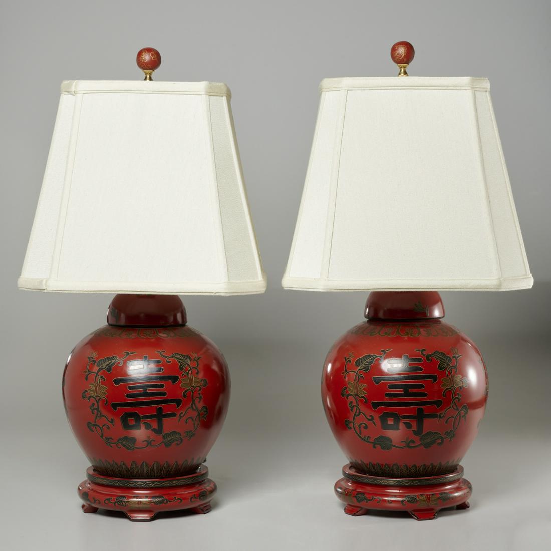 Pair Chinese style red lacquer ginger jar lamps (1 of 6)