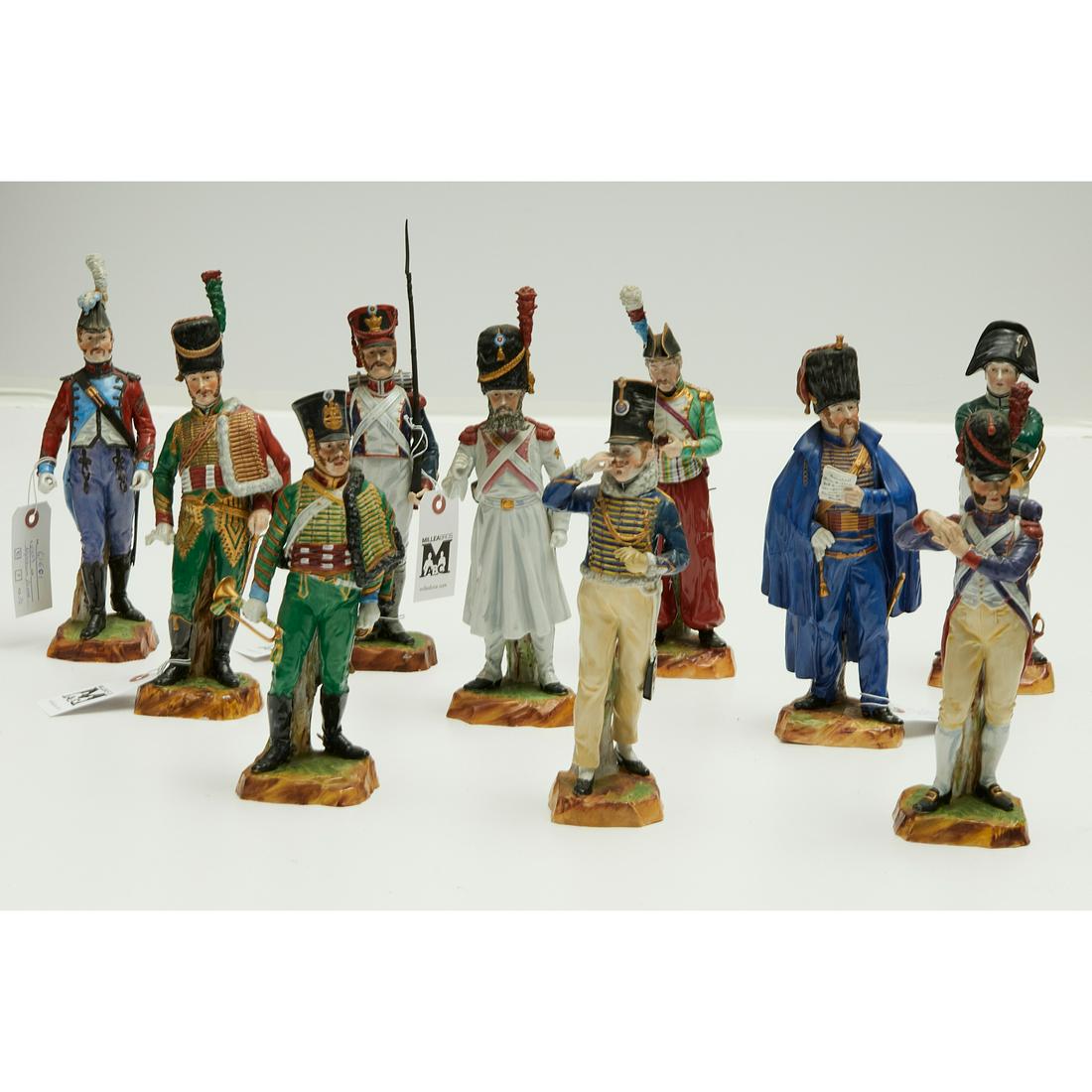 (10) Capodimonte porcelain Napoleonic figures: (10) Capodimonte porcelain Napoleonic figures, Italy, polychrome painted white porcelain, including 4 military musicians, Garde Nationale with metal rifle and removable bayonet, and various others, ea