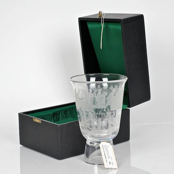 Orrefors Expo engraved glass vase in fitted case: Orrefors Expo engraved glass vase in fitted case, Circa 1965, 9.5"h x 6.5"dia. Provenance: From an important and internationally renowned single owner collection sold anonymously without reserve.