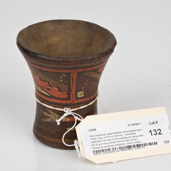 Pre-Columbian polychromed carved wood kero: Pre-Columbian polychromed carved wood kero, Poss. Inca, 3.75"h x 3.25"dia. Provenance: From an important and internationally renowned single owner collection sold anonymously without reserve.