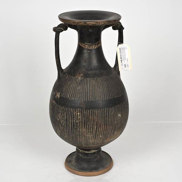 Large Attic pottery amphora with incised decoratio: Large Attic pottery amphora with incised decoration, 19.5"h x 9.5"dia. Provenance: From an important and internationally renowned single owner collection sold anonymously without reserve.