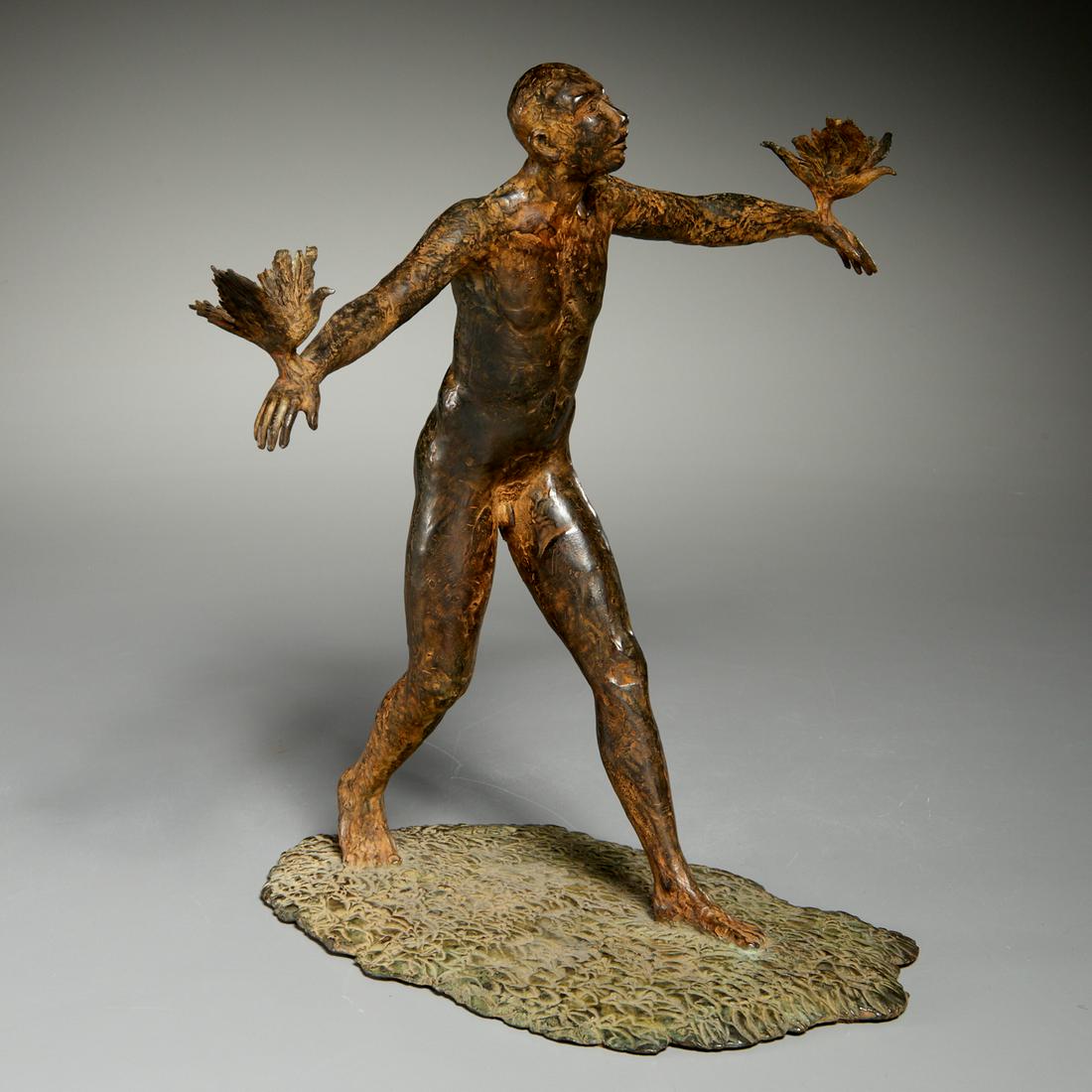 Emanuele de Reggi, bronze sculpture: Emanuele de Reggi, bronze sculpture, Emanuele de Reggi (Italian,b.1957), Walking Figure with Doves, brown and verdigris patinated cast bronze, artist monogram to base, 13"h x 12.5"w x 10"d Provenance: