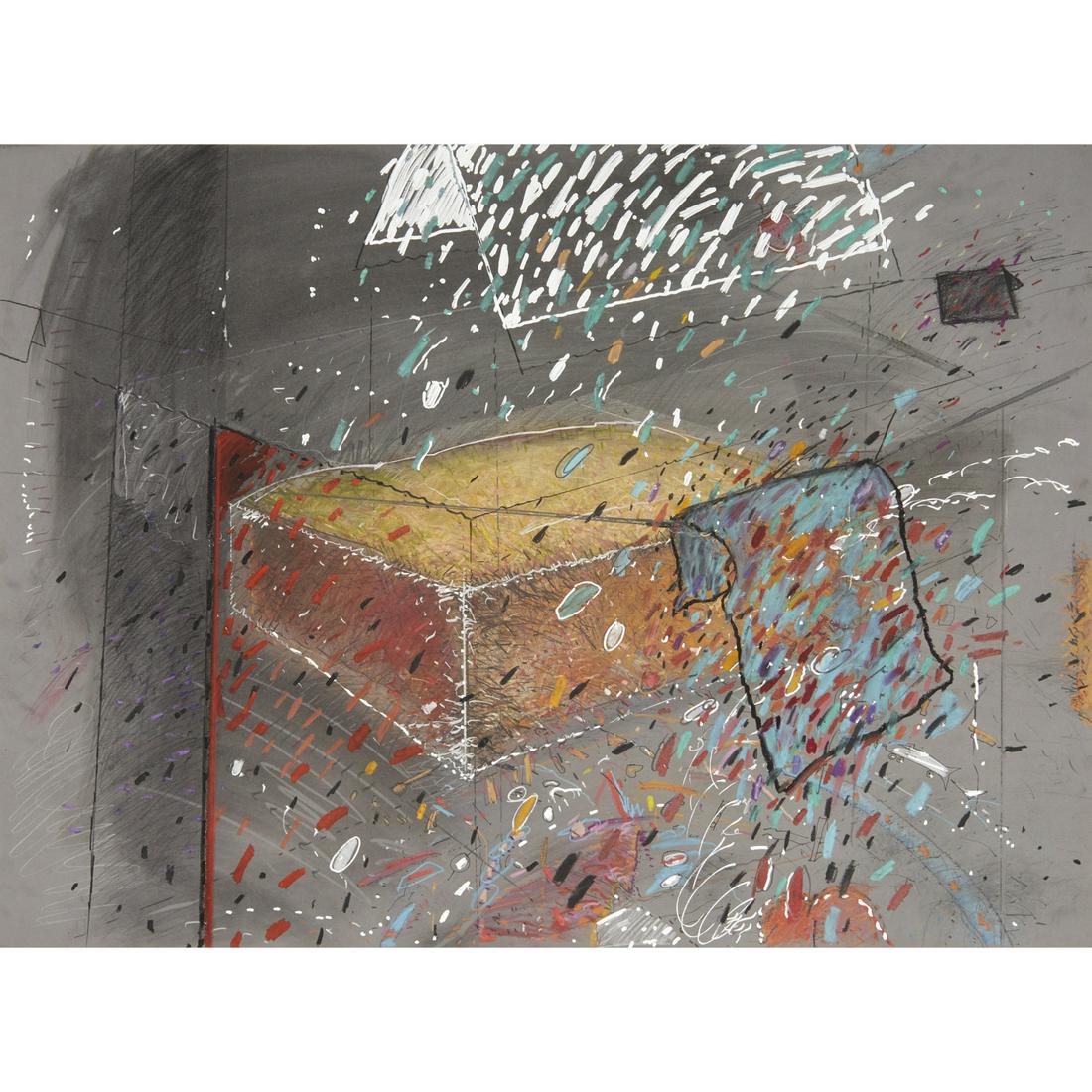 Contemporary School, ex Wolf Kahn Coll.: Contemporary School, ex Wolf Kahn Coll., Contemporary School (20th c.), Expressionist construction, mixed media with metallic paint on Crescent Bristol, no signature detected, loose and unframed, 22"h