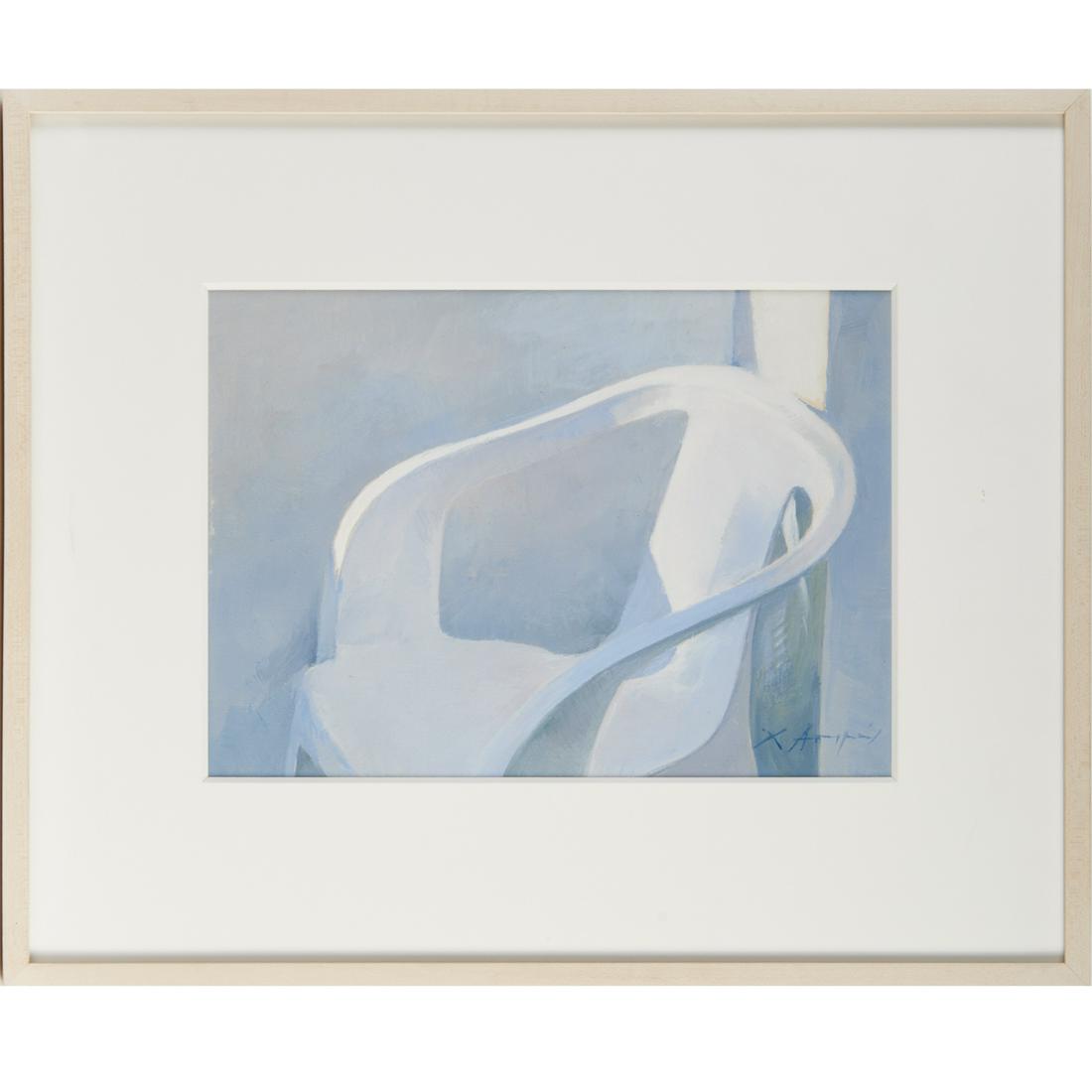 Christoforos Asimis, acrylic on canvas: Christoforos Asimis, acrylic on canvas, Christoforos Asimis (Greek, b. 1945), "Painting Sensation of a Plastic Chair", signed lower right, matted and framed under plexiglass, 9"h x 13"w (sight), 17.25