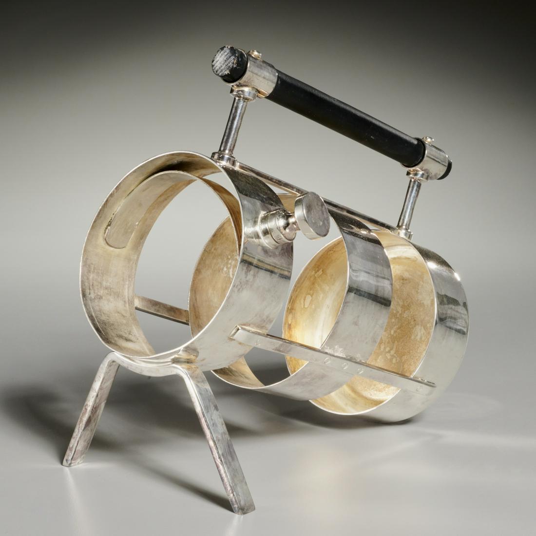 Christopher Dresser, silver-plate wine server: Christopher Dresser, silver-plate wine server, 1880/1990, England, electroplated metal, round ebony handle, re-edition by Museum of Modern Art, stamped MMA to bottom, 7.5"h x 6.75"l x 3.25"dia Provena