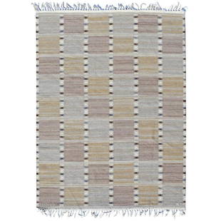 Barbro Nilsson, 'Gyllenrutan' rug: Barbro Nilsson, 'Gyllenrutan' rug, Mid-20th c. Sweden, flat-weave wool in shades of brown, for Marta Maas-Fjetterstram AB, Sweden, woven signatures NB and MFF AB to lower edge, approx. 92"h x 67"w Pro