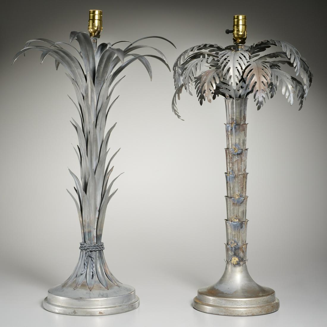 Harlequin pair Hans Kogl style metal palm lamps: Harlequin pair Hans Kogl style metal palm lamps, Mid-20th c., one in the form of bundled palm fronds, the other a palm tree, each on a round tiered base and topped with a single socket, each approx. 3