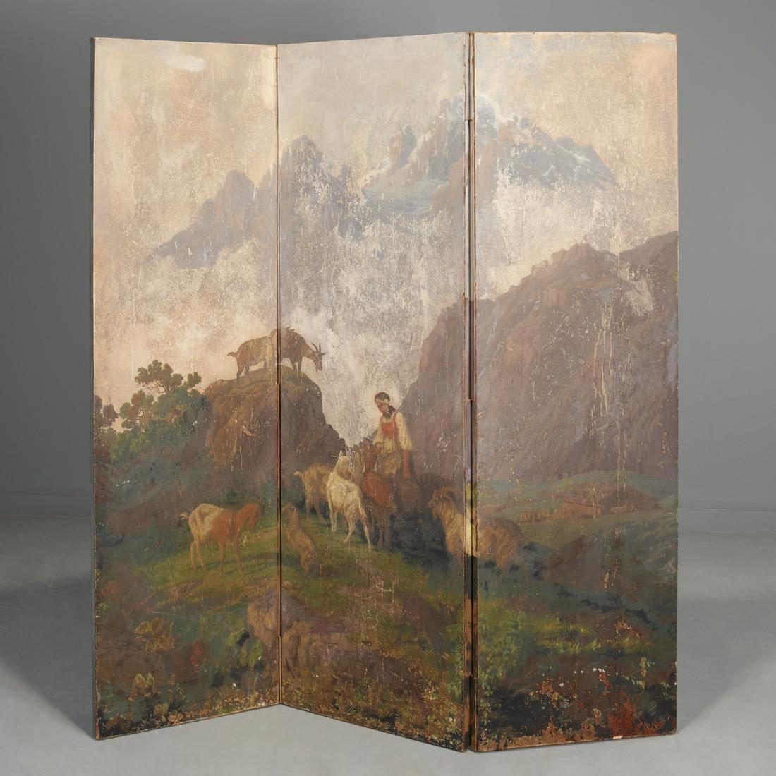 Antique Continental 3-panel painted scenic screen (1 of 9)
