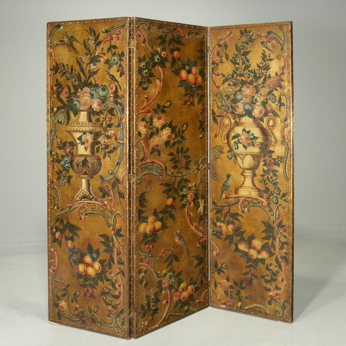 Continental Baroque style 3-panel painted screen (1 of 7)