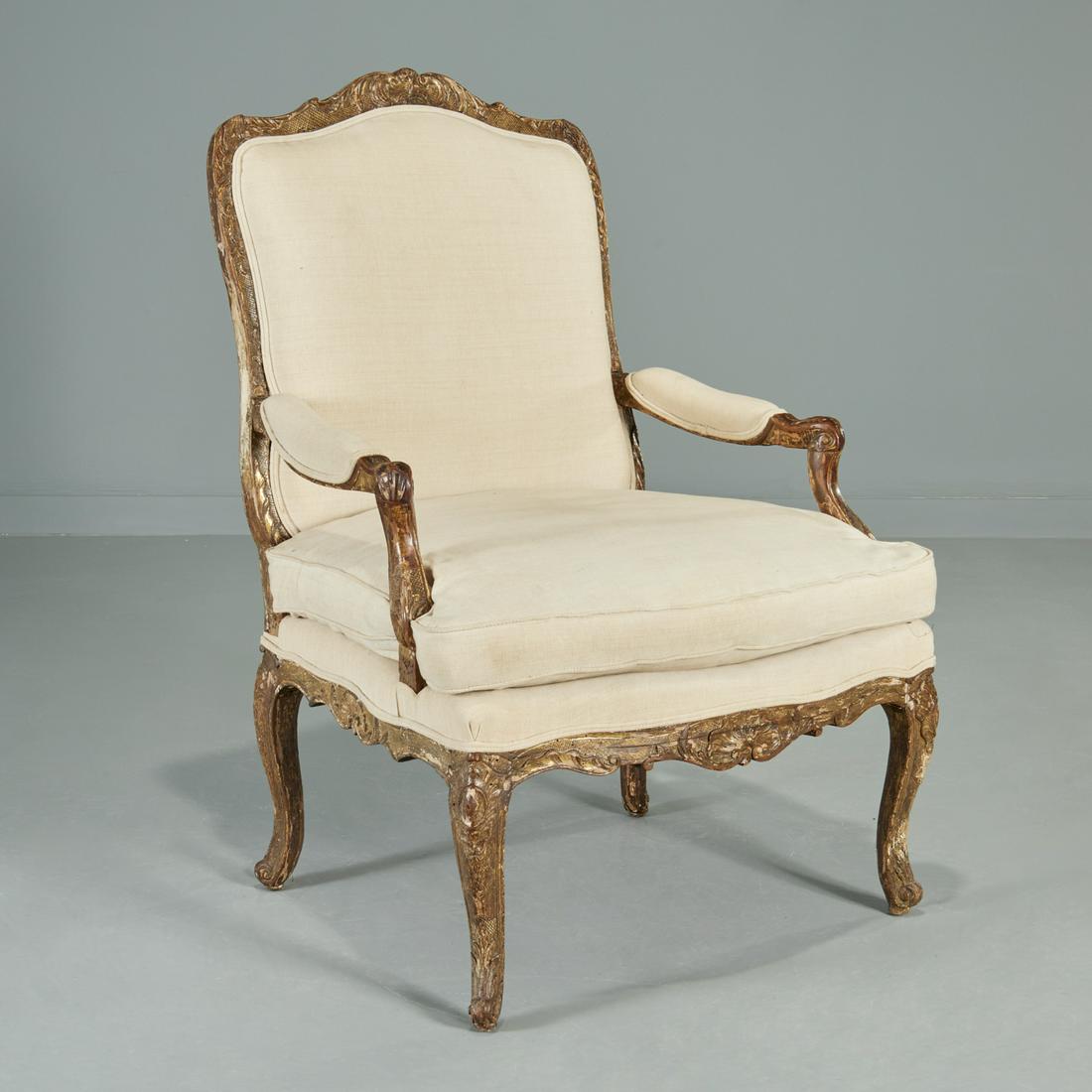Nice period Louis XV giltwood Fauteuil a la Reine: Nice period Louis XV giltwood Fauteuil a la Reine, Likely 18th c., France, the carved and gilt beechwood frame molded with carved floral scrolls and flowers on an incised diaper-pattern trellis, raise