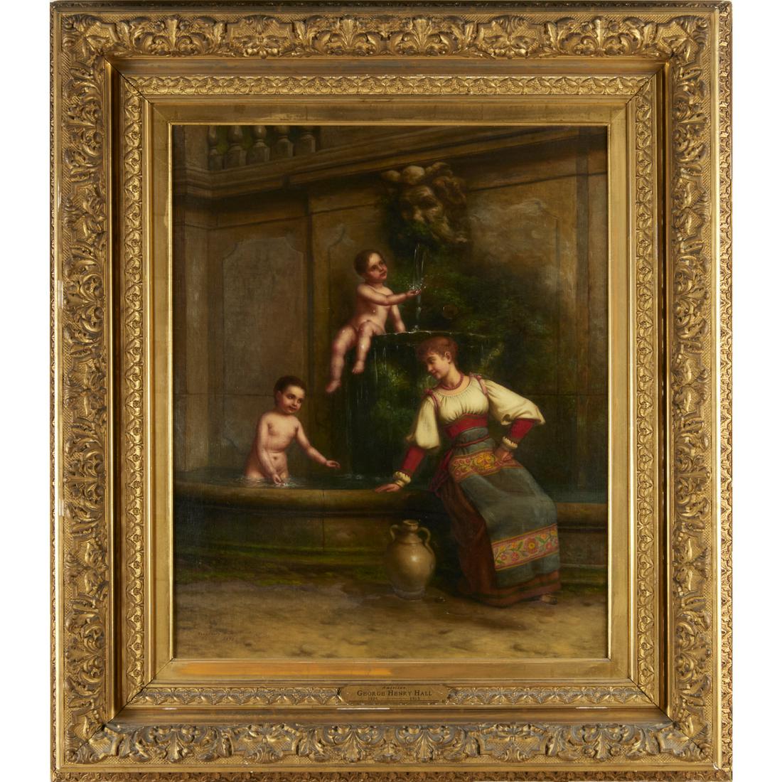 George Henry Hall, oil on canvas, 1892: George Henry Hall, oil on canvas, 1892, George Henry Hall (American, 1825-1913), Woman with Children in Fountain, signed "Geo Henry Hall" and dated lower left, in carved giltwood frame, 26.5"h x 21.75
