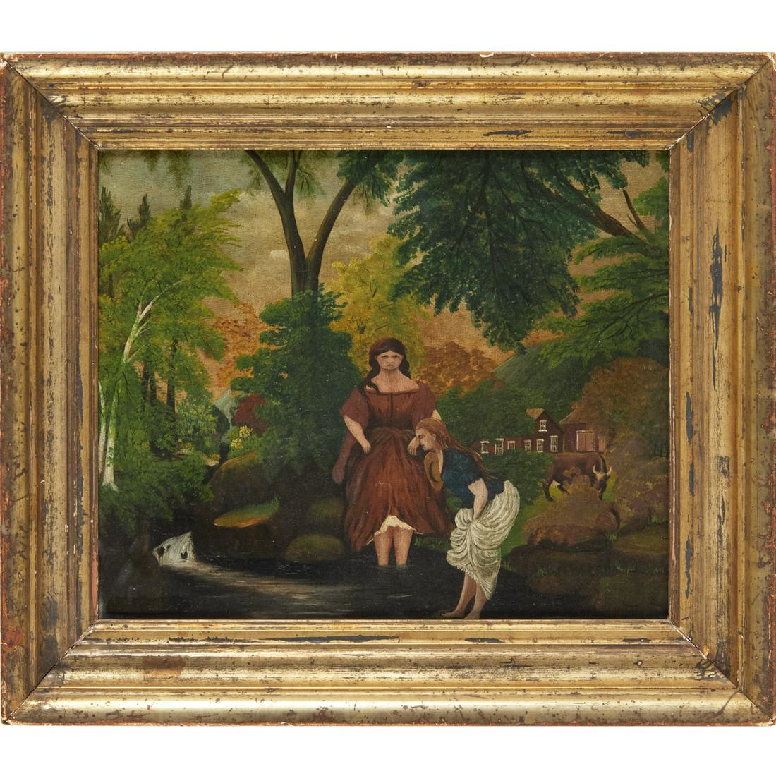 American Folk School, painting, ex Wolf Kahn Coll.: American Folk School, painting, ex Wolf Kahn Coll., American Folk School (19th c.), Two Women bathing in a Brook, oil on canvas, no signature observed, 10"h x 12"w (canvas), 13"h x 15"w (frame) Proven