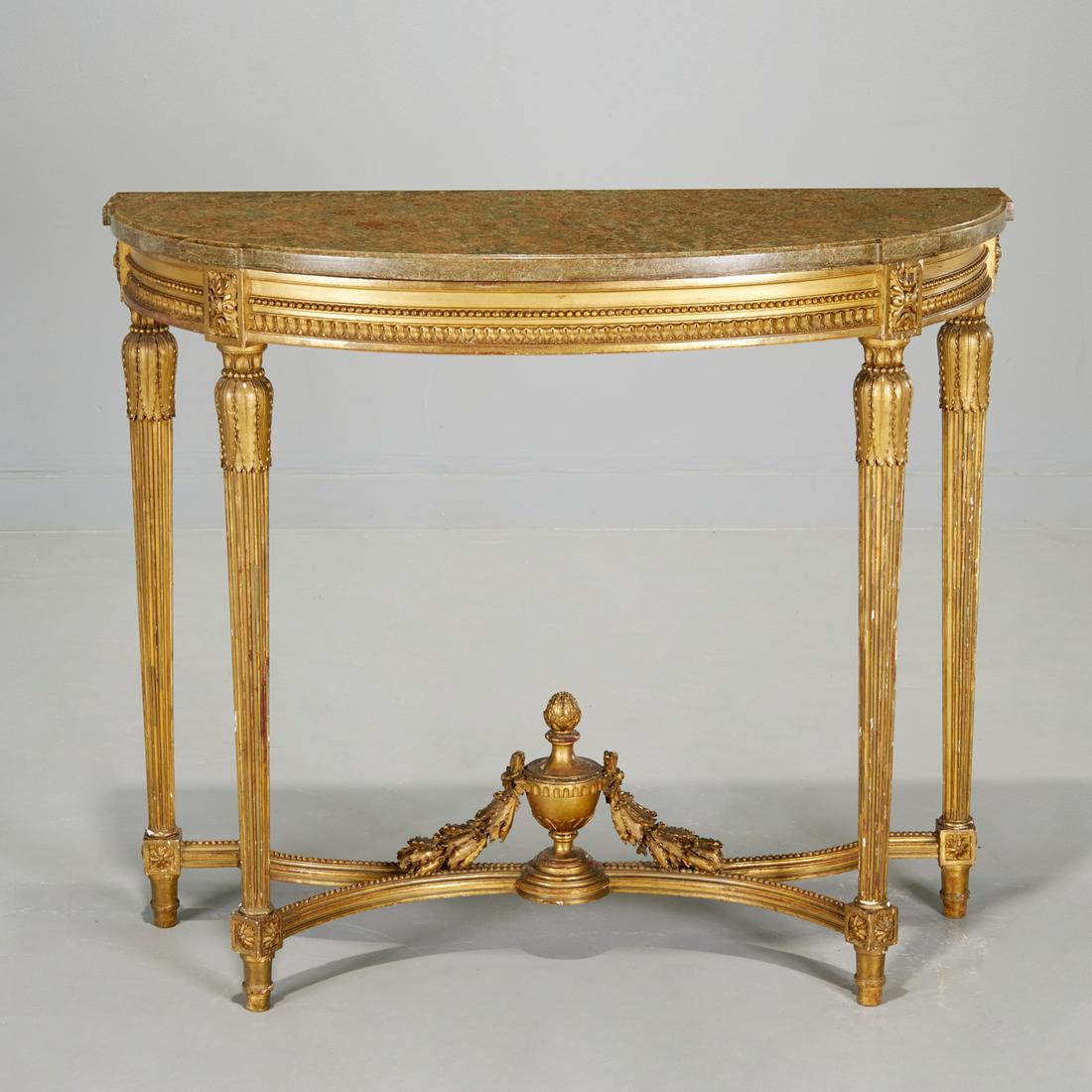 Maison Delmas, Louis XVI style giltwood console: Maison Delmas, Louis XVI style giltwood console, 19th/20th c., France, mottled green and red marble top with molded edge, over a frieze carved with floral rosettes and ribbon and bead banding, raised 