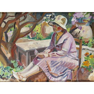 Robert Hallowell, oil on canvas, 1928, WPA artist: Robert Hallowell, oil on canvas, 1928, WPA artist, Robert Hallowell (American, 1886-1931), Untitled portrait (woman with flowers), signed lower right, 17.5"h x 23.5"w (sight), 26"h x 32"w x 2"d (frame