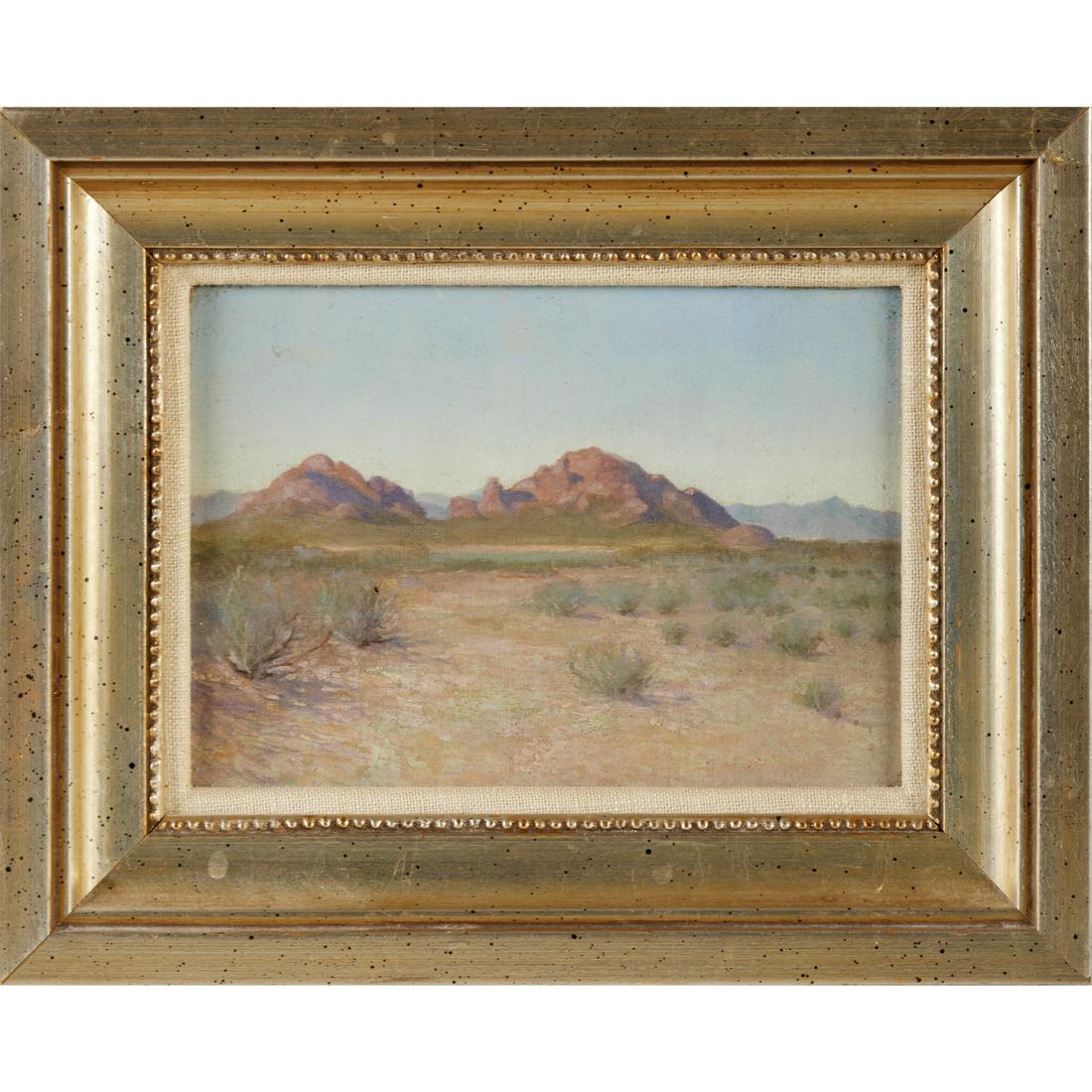 Samuel Colman, oil on board: Samuel Colman, oil on board, Samuel Colman (American, 1832-1920), Untitled desert landscape, signed in pencil verso, 4.75"h x 6.75"w (sight), 8"h x 10"w (frame) Provenance: From the Collection of Mari