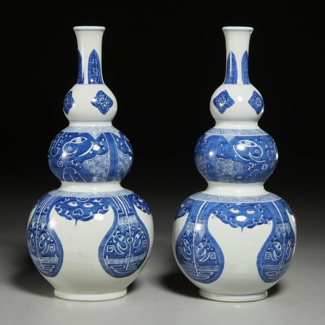 Pair Chinese blue and white triple gourd vases (1 of 5)