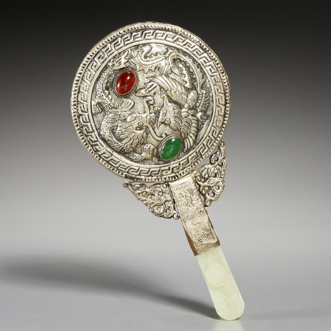 Chinese jade-mounted silver metal hand mirror (1 of 8)
