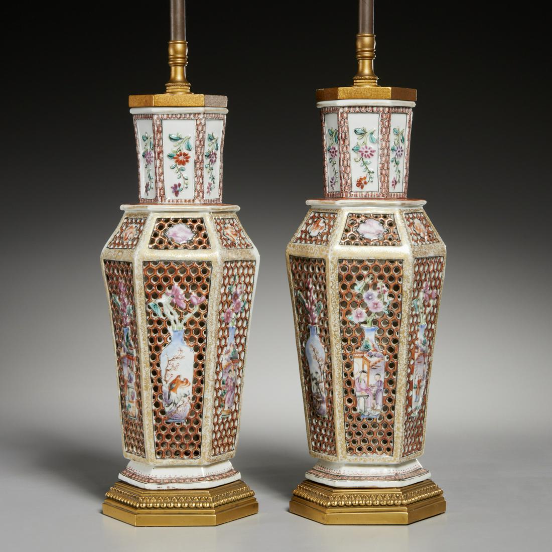 Pair Chinese Export pierced hexagonal vase lamps (1 of 6)