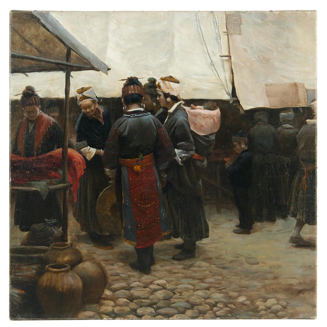 Manner of Mian Situ, oil on canvas: Manner of Mian Situ, oil on canvas, Manner of Mian Situ (Chinese/American, b. 1953), Provincial Village Market, no signature observed, 22.5"squ (stretcher), unframed Provenance: A Private Collection: