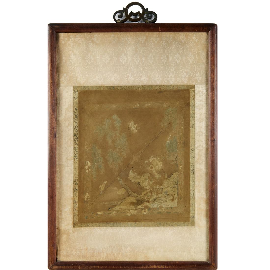 Antique Chinese silk embroidery panel: Antique Chinese silk embroidery panel, 19th c., depicting a flock of egrets and a shoreline with some trees, with patterned silk borders, 11.25"h x 9.5"w (panel), 21"h x 14.5"w (frame) Provenance: A P