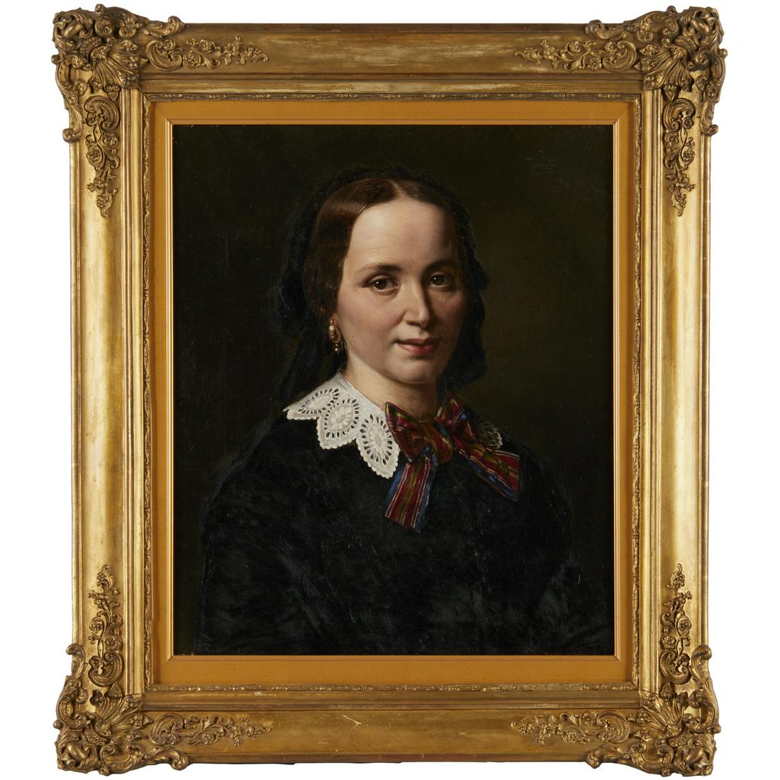 Continental School, oil on canvas, portrait: Continental School, oil on canvas, portrait, Continental School (19th c.), Portrait of a Young Girl with Lace Collar and Bow, no visible signature, 18.25"h x 15"w (sight), 26.5"h x 22.5"w (frame) Prov