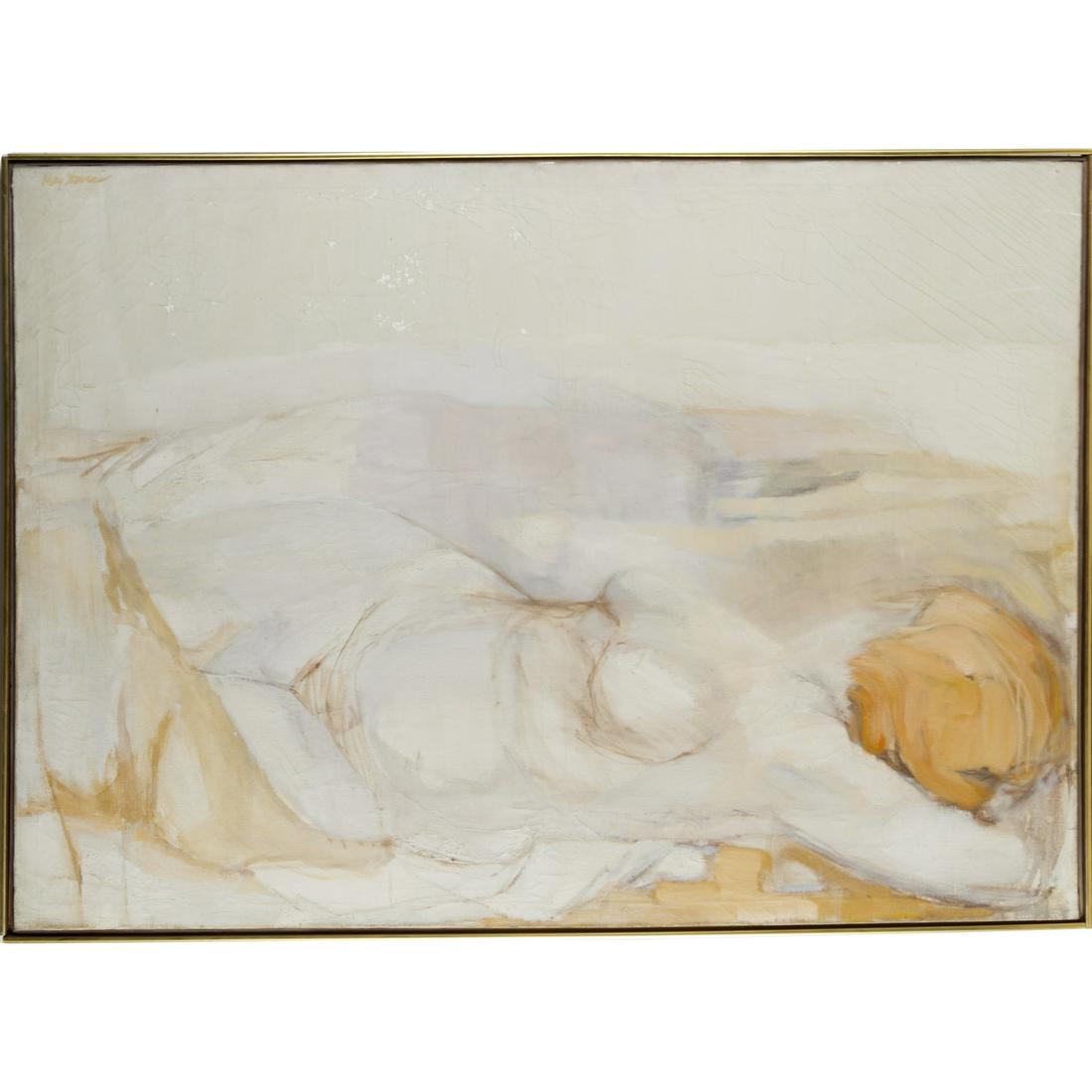 May Stevens, oil on canvas: May Stevens, oil on canvas, May Stevens (American, 1924-2019), "Reclining Nude", signed "May Stevens" at upper left, signed and titled on stretcher verso, 34.25"h x 48"w (canvas), 35.5"h x 49.5"w (fra