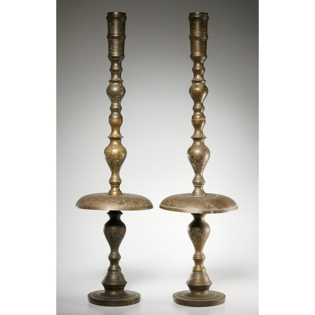 Pair Islamic style brass floor-height candlesticks (1 of 7)