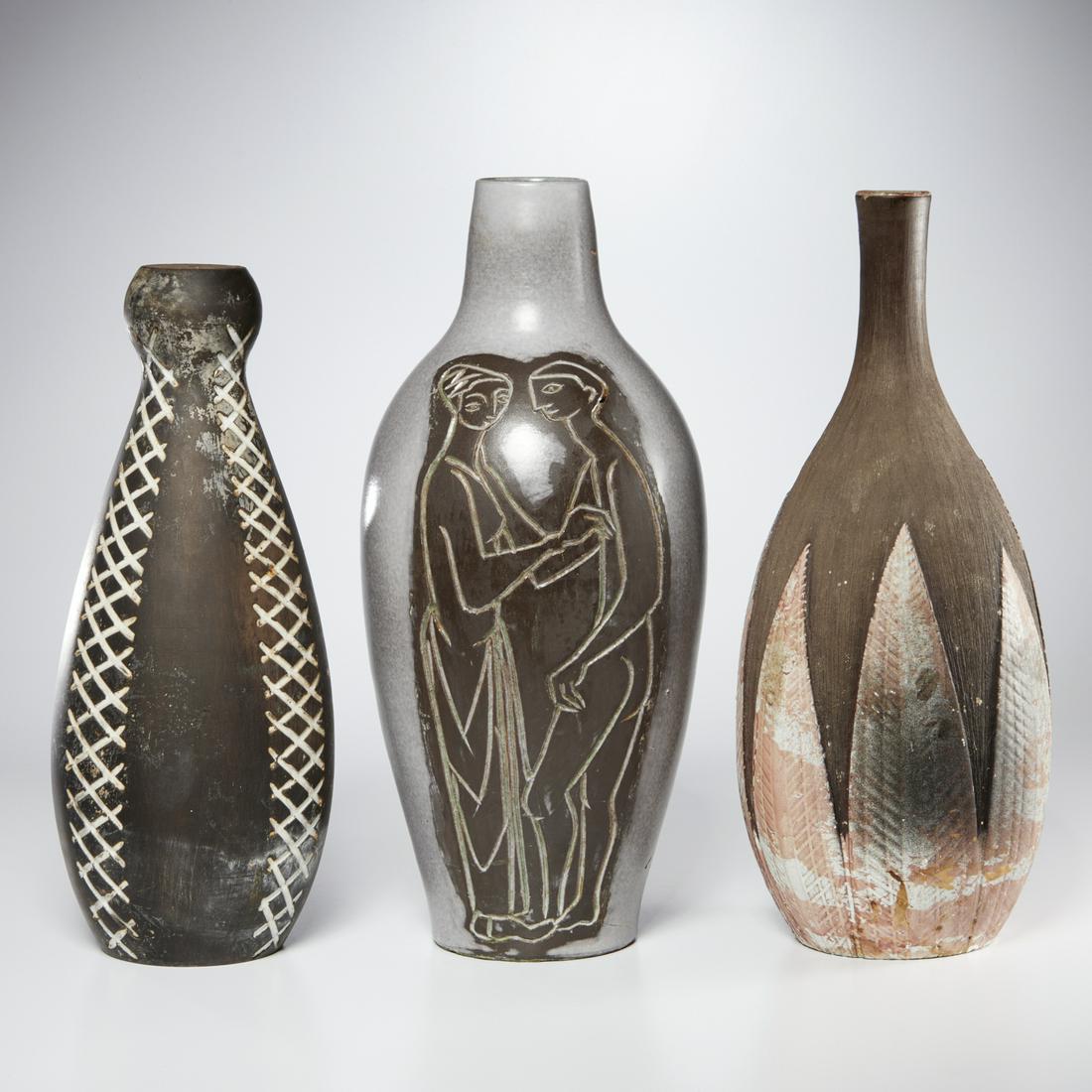 MCM pottery, incl Zaccagnini & Upsala Ekeby: MCM pottery, incl Zaccagnini & Upsala Ekeby, 20th c., incl. a Swiss vase decorated with incised figures, marked "Hb", a Zaccagnini Italian pottery object for Raymor (vase filled with solid interior),