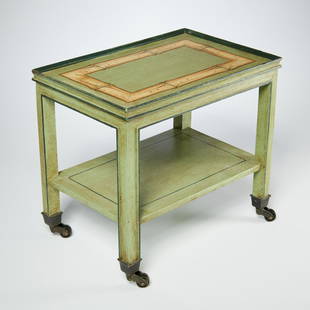 Paint decorated telephone table, ex John Rosselli: Paint decorated telephone table, ex John Rosselli, 20th c., paint decorated in mint green with bamboo design to top, on casters, unsigned, 11.25"h x 12.25"w x 8.25"d Provenance: A Private Collection: